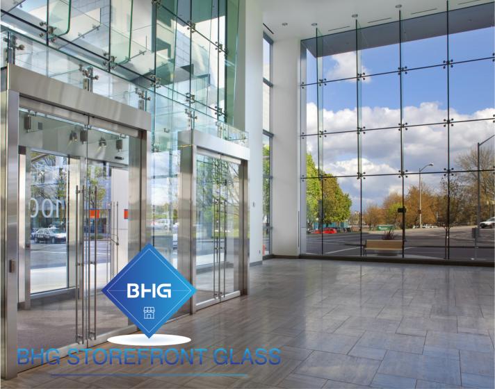 Large windows in a bright commercial interior
