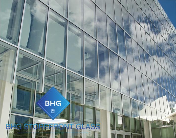 Glass curtain wall windows on an office building
