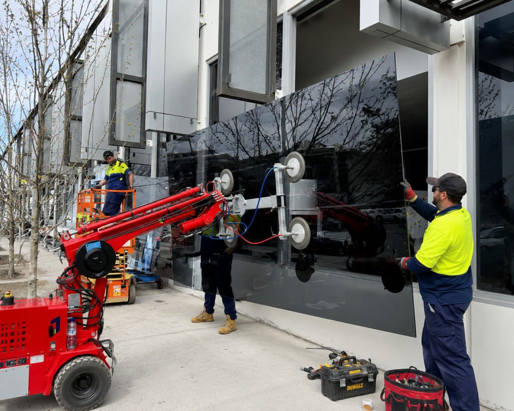 Storefront glass installation crew setting frames
